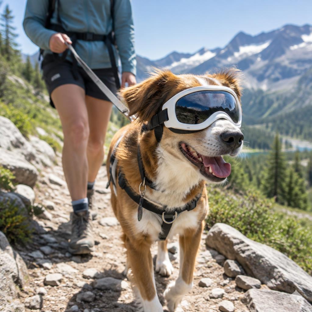 Perro con gafas de protección haciendo senderismo por la montaña