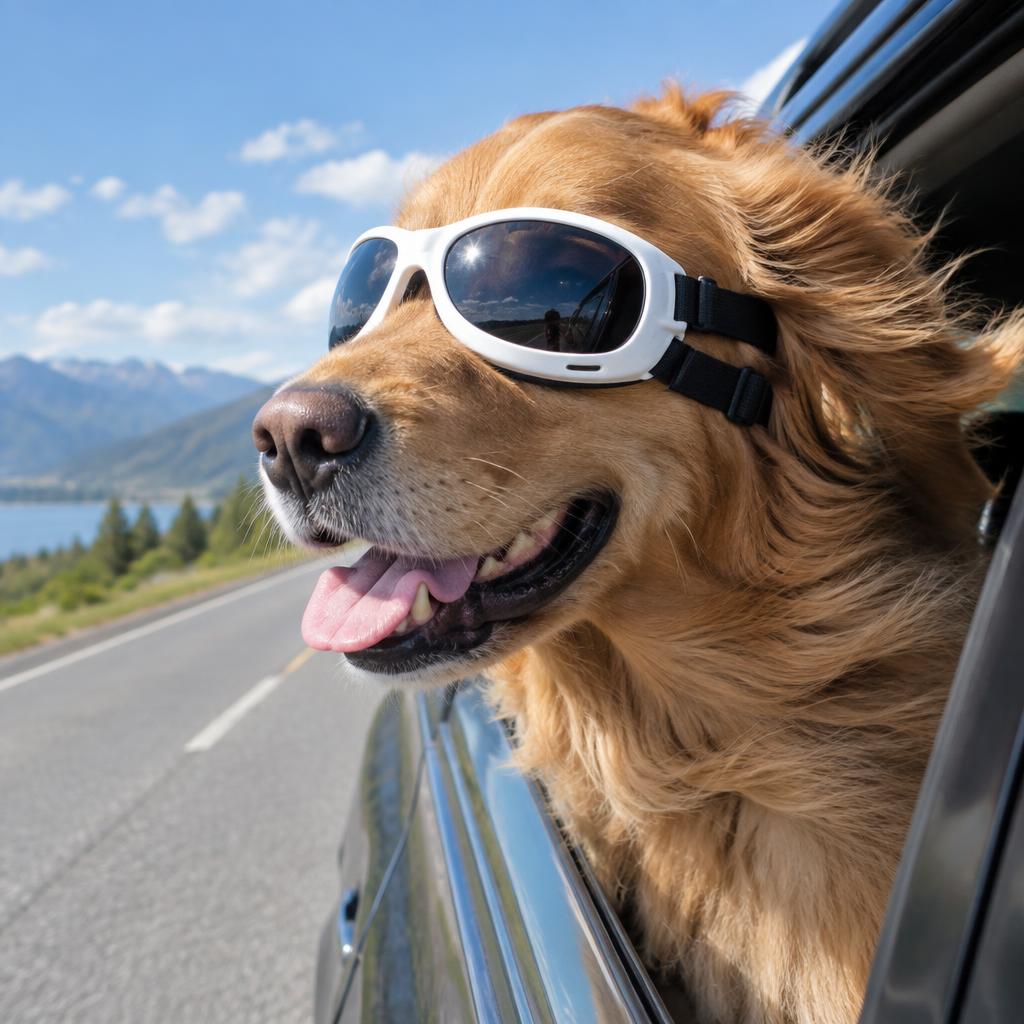 Perro con gafas de protección asomado a la ventanilla del coche